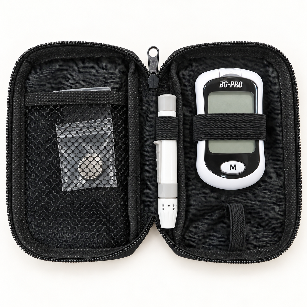 博特 BG-PRO 血糖機隨附內容:血糖機、採血筆、布包及左網袋中的袋裝鈕扣電池