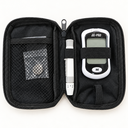 博特 BG-PRO 血糖機隨附內容：血糖機、採血筆、布包及左網袋中的袋裝鈕扣電池