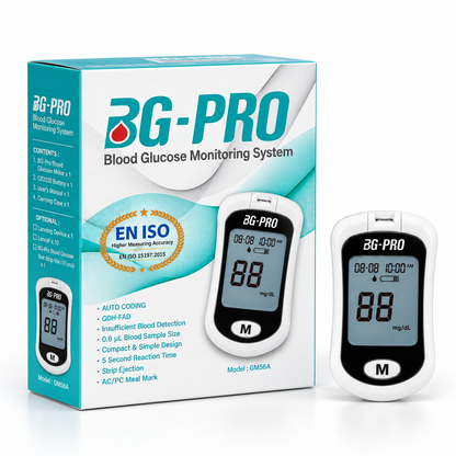 博特 BG-PRO 血糖機與外盒，螢幕顯示為示意