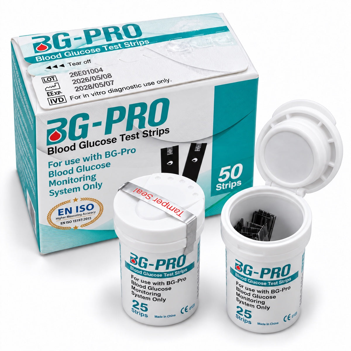 博特 BG-PRO 血糖試片，50片一盒，含兩罐各25片；右罐展示開蓋結構